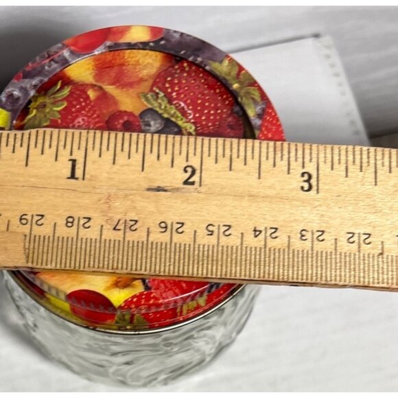 Small Glass Jar With Fruit Print Lid Embossed Fruit Design 3.5 Inches Tall  Jam - Picture 5 of 7